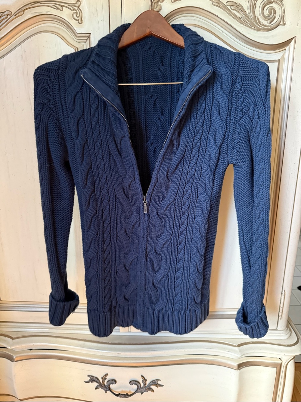 L.L.Bean Navy Blue Heavyweight Cable Knit Zip Sweater | Small